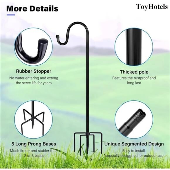 Shepherd Hooks for Outdoor, 1 Pack 62 Inch Bird Feeder Pole with 5 Prongs Base - Picture 2 of 7